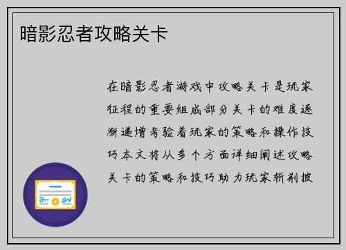 暗影忍者攻略关卡